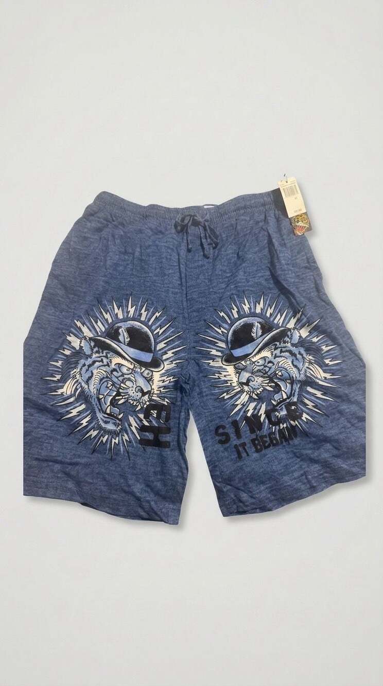 Ed Hardy Men's Blue Slub French Terry Shorts with Tiger Graphic Size M